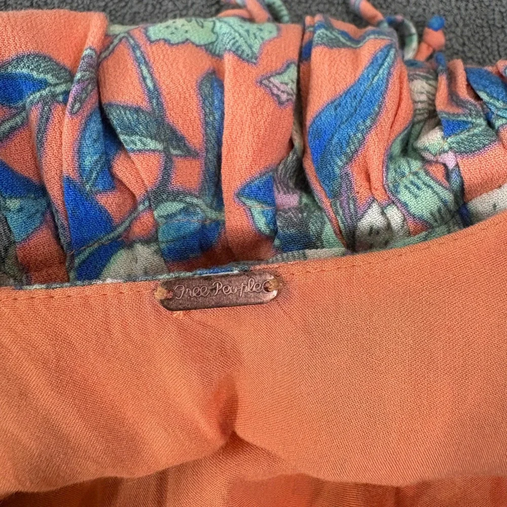 Free People Mini Dress Womens Small‎ Orange Floral Boho Ruffle Straps Pockets